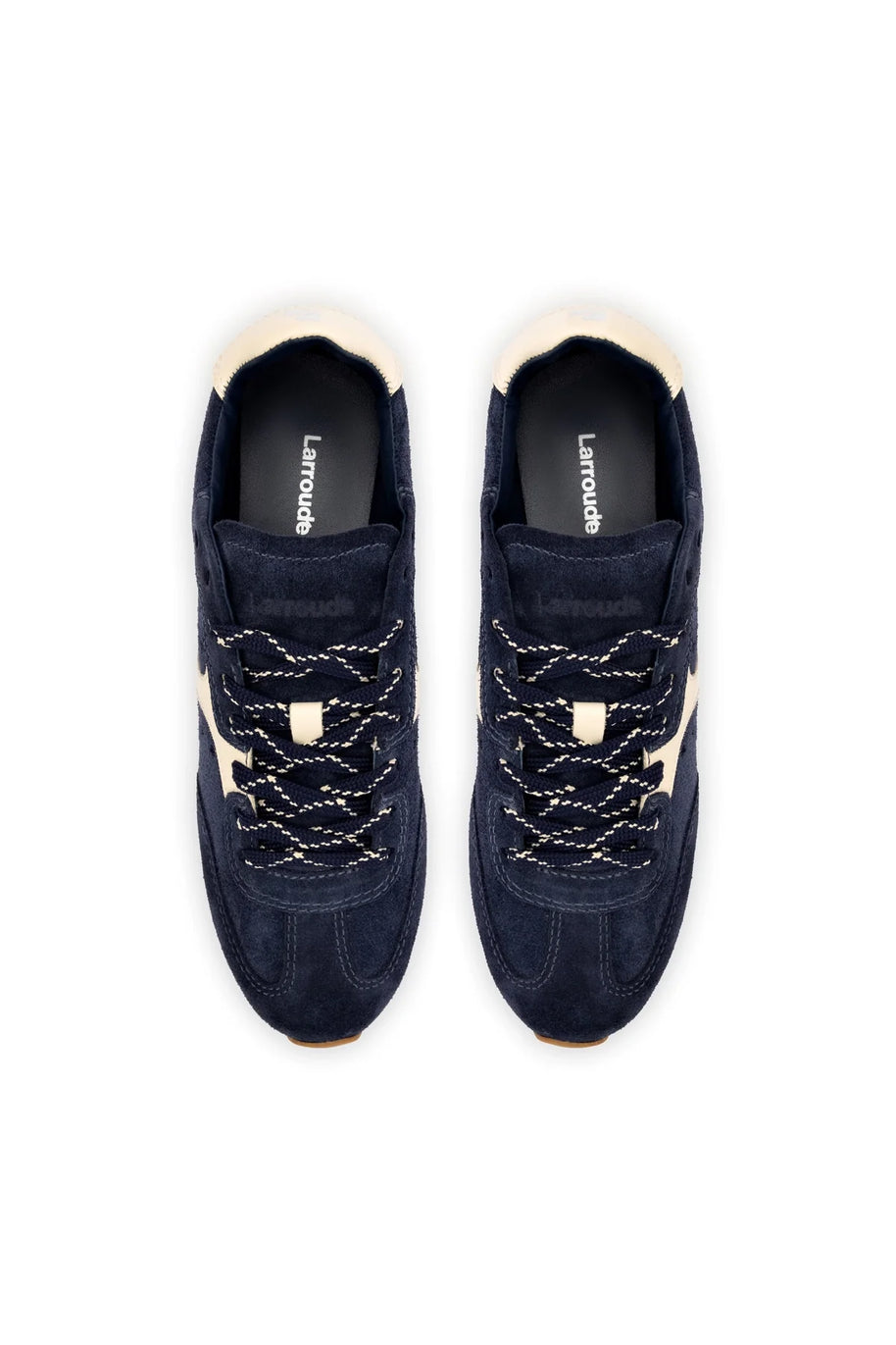 Larroude Stella Sneaker In Navy Suede And Ivory Leather