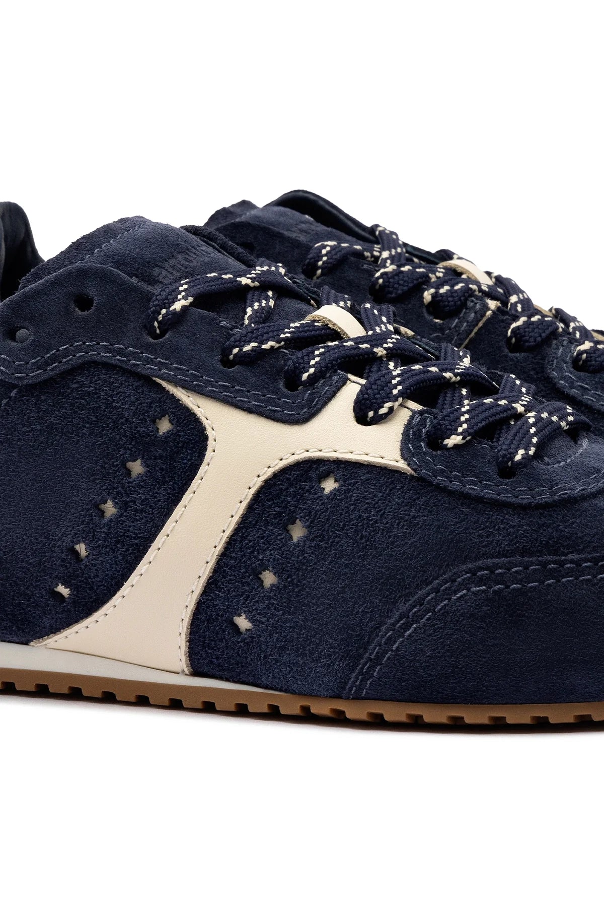 Larroude Stella Sneaker In Navy Suede And Ivory Leather