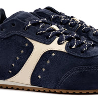 Larroude Stella Sneaker In Navy Suede And Ivory Leather
