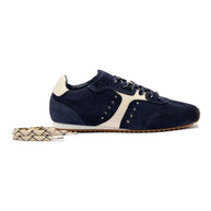 Larroude Stella Sneaker In Navy Suede And Ivory Leather