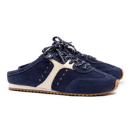 Larroude Stella Mule In Navy Suede And Ivory Leather