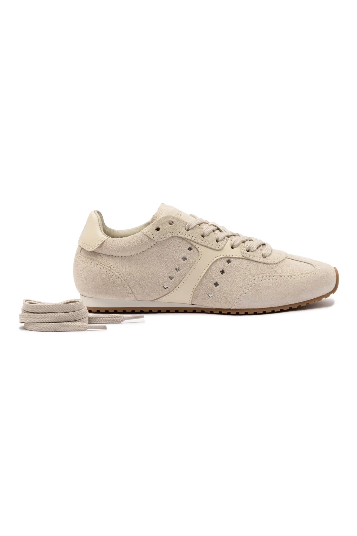 Larroude Stella Sneaker In Mushroom Grey Suede and Ivory Leather