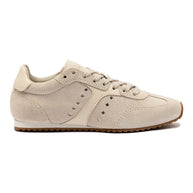 Larroude Stella Sneaker In Mushroom Grey Suede and Ivory Leather