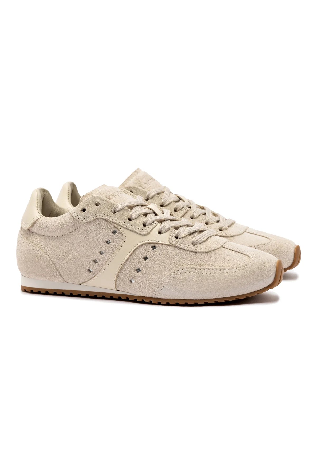Larroude Stella Sneaker In Mushroom Grey Suede and Ivory Leather