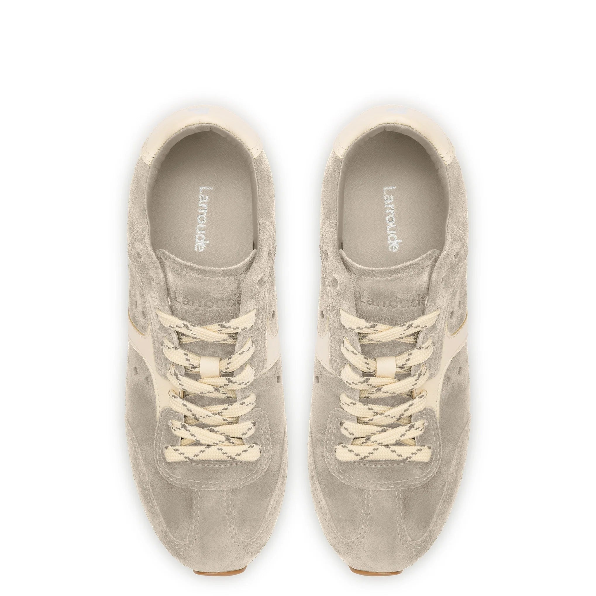 Larroude Stella Sneaker In Mushroom Grey Suede and Ivory Leather