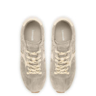 Larroude Stella Sneaker In Mushroom Grey Suede and Ivory Leather