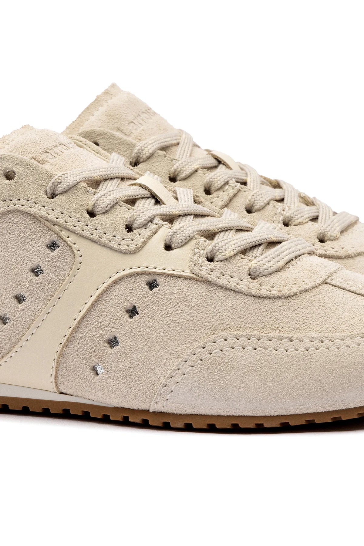 Larroude Stella Sneaker In Mushroom Grey Suede and Ivory Leather