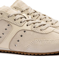 Larroude Stella Sneaker In Mushroom Grey Suede and Ivory Leather