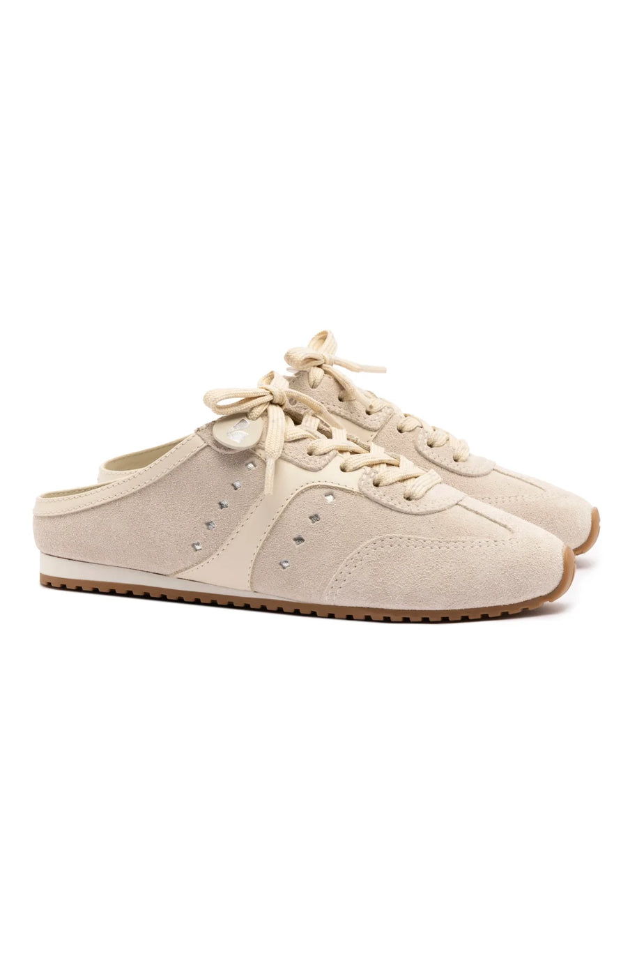 Larroude Stella Mule In Mushroom Grey Suede And Ivory Leather