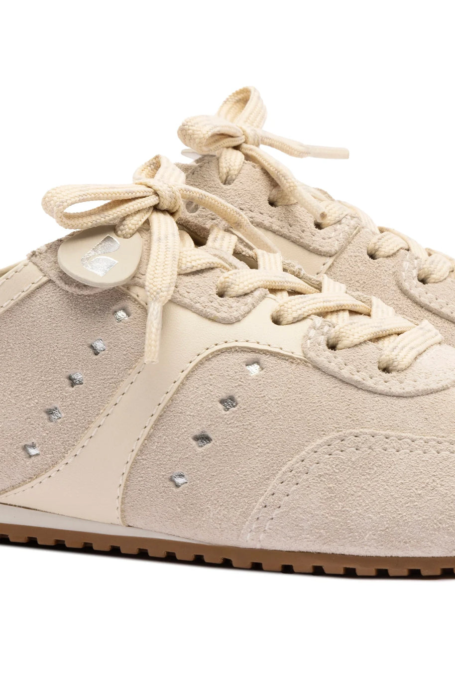 Larroude Stella Mule In Mushroom Grey Suede And Ivory Leather