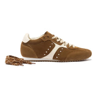 Larroude Stella Sneaker In Russet Suede And Ivory Leather