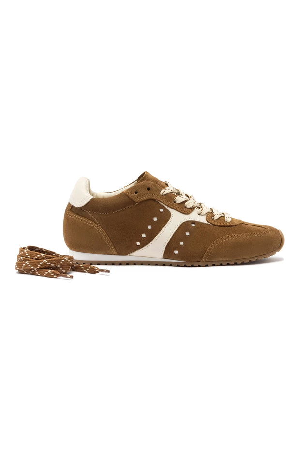 Larroude Stella Sneaker In Russet Suede and Ivory Leather