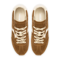 Larroude Stella Sneaker In Russet Suede And Ivory Leather