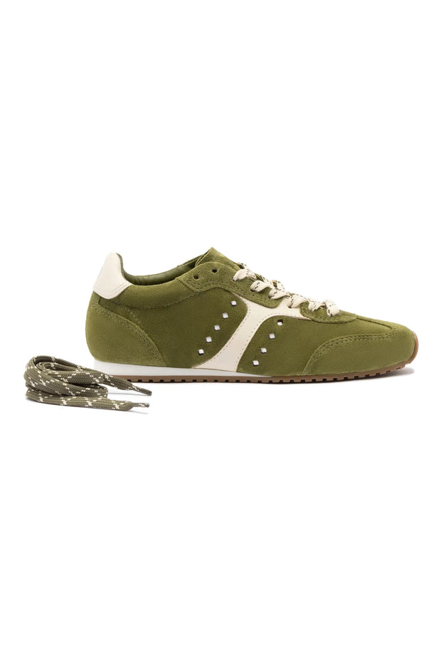 Larroude Stella Sneaker In Seaweed Suede and Ivory Leather