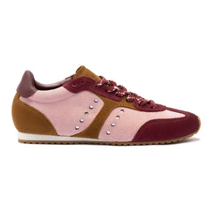 Larroude Stella Sneaker In Tulip, Russet and Wine Suede and Silver Metallic Leather
