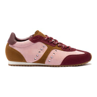 Larroude Stella Sneaker In Tulip, Russet and Wine Suede and Silver Metallic Leather