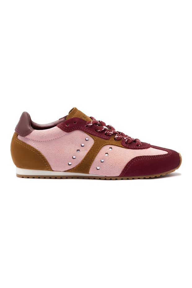 Larroude Stella Sneaker In Tulip, Russet and Wine Suede and Silver Metallic Leather