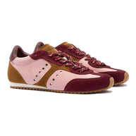 Larroude Stella Sneaker In Tulip, Russet and Wine Suede and Silver Metallic Leather