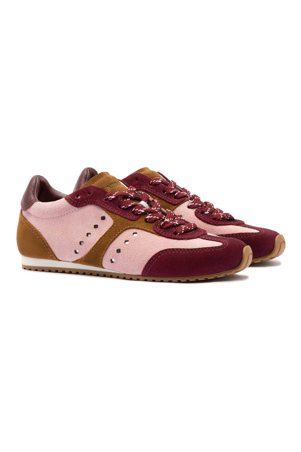 Larroude Stella Sneaker In Tulip, Russet and Wine Suede and Silver Metallic Leather