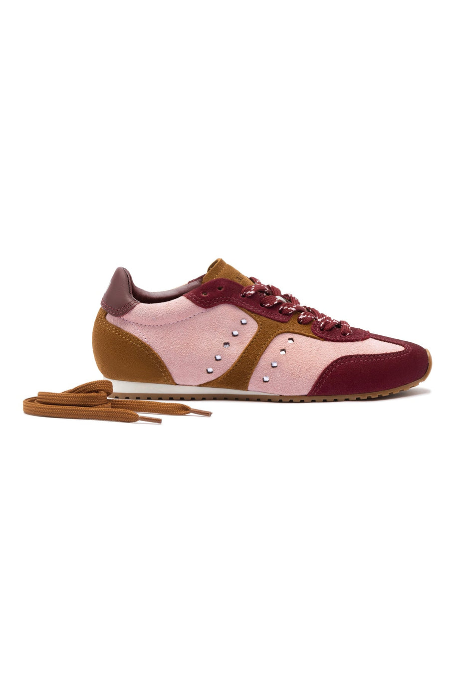 Larroude Stella Sneaker In Tulip, Russet and Wine Suede and Silver Metallic Leather