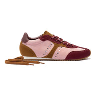 Larroude Stella Sneaker In Tulip, Russet and Wine Suede and Silver Metallic Leather