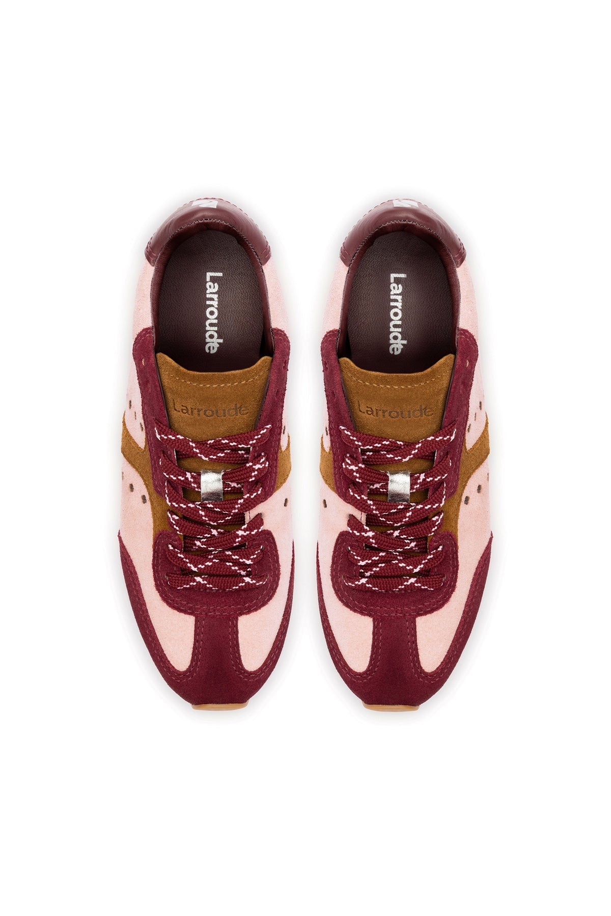 Larroude Stella Sneaker In Tulip, Russet and Wine Suede and Silver Metallic Leather