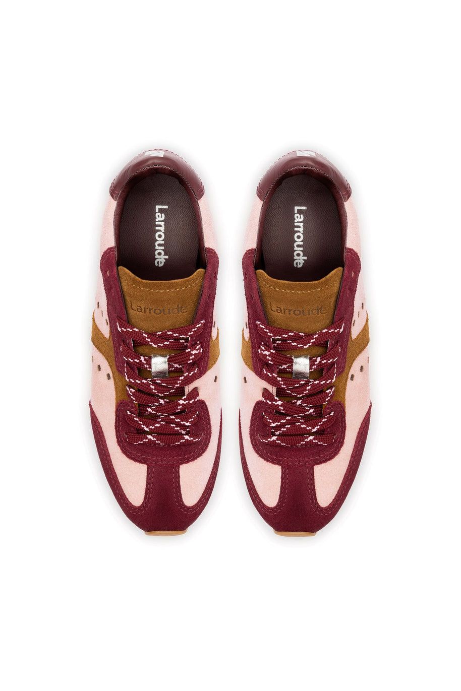 Larroude Stella Sneaker In Tulip, Russet and Wine Suede and Silver Metallic Leather