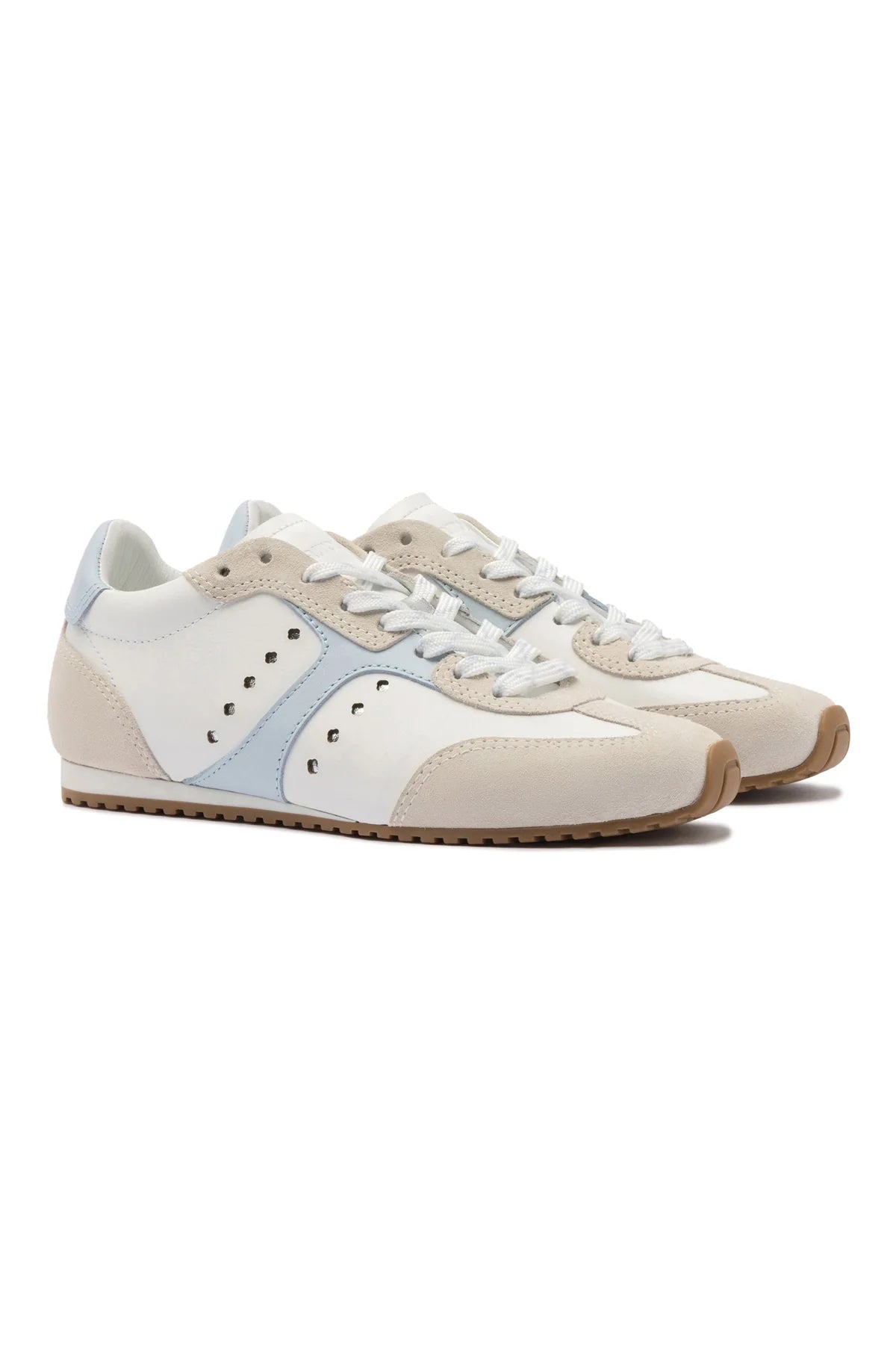 Larroude Stella Sneaker In Grey Suede, White Leather and Silver Metallic Leather