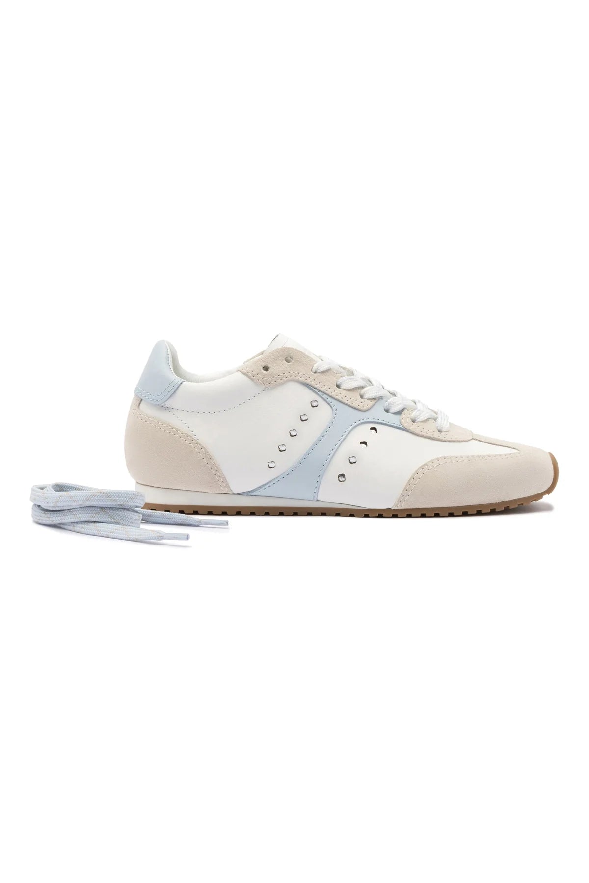 Larroude Stella Sneaker In Grey Suede, White Leather and Silver Metallic Leather