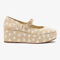 Larroude Blair Flatform In Raw Linen And Daisy Embroidery