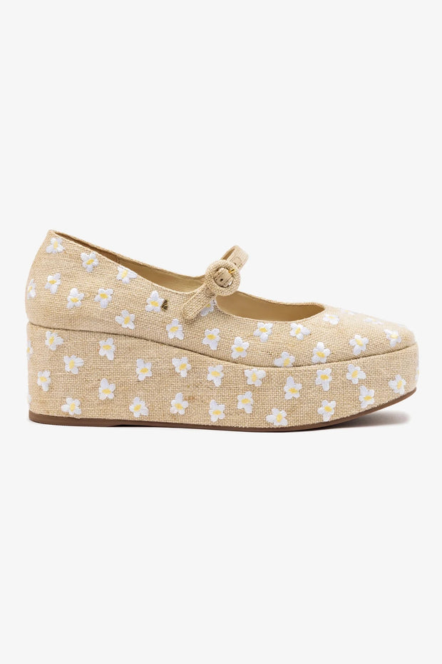 Larroude Blair Flatform In Raw Linen And Daisy Embroidery