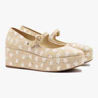 Larroude Blair Flatform In Raw Linen And Daisy Embroidery