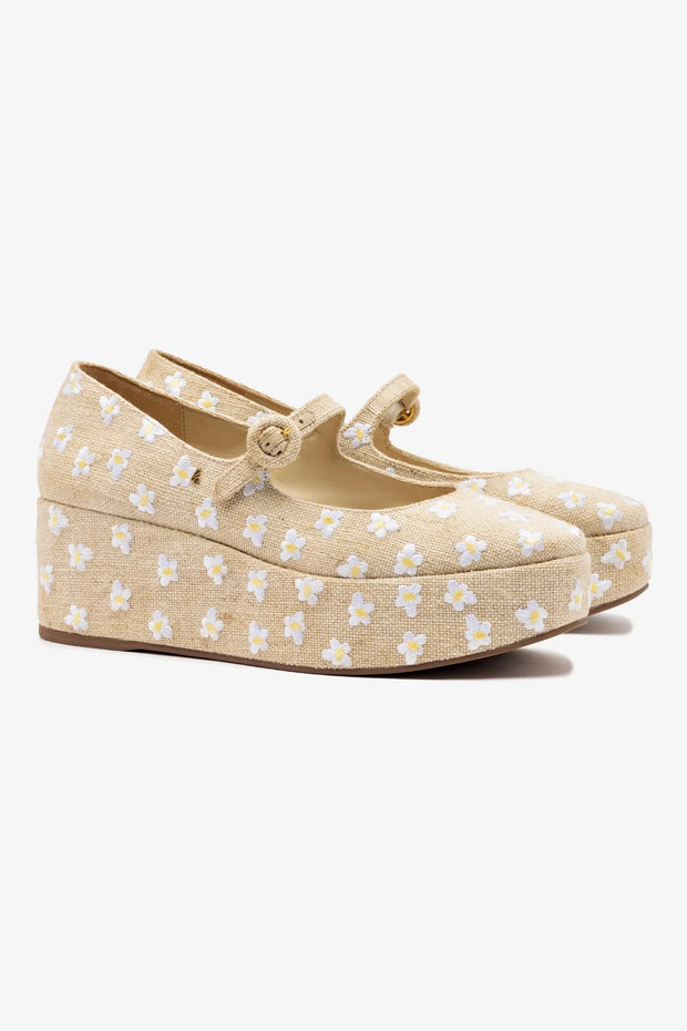 Larroude Blair Flatform In Raw Linen And Daisy Embroidery