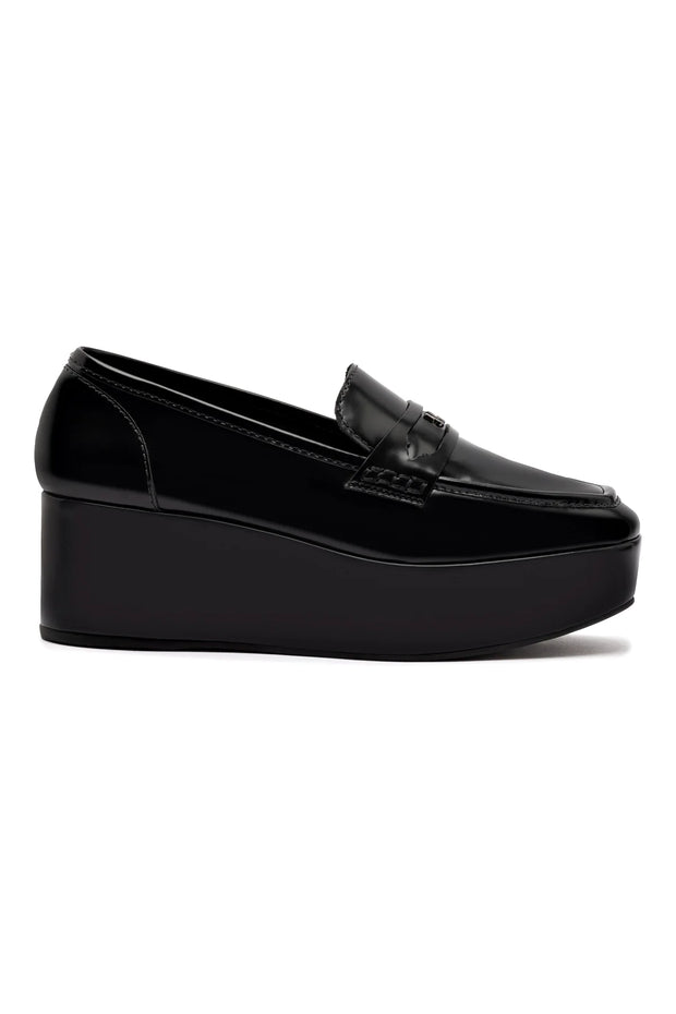 Larroude Suki Flatform Loafer In Black Box Leather