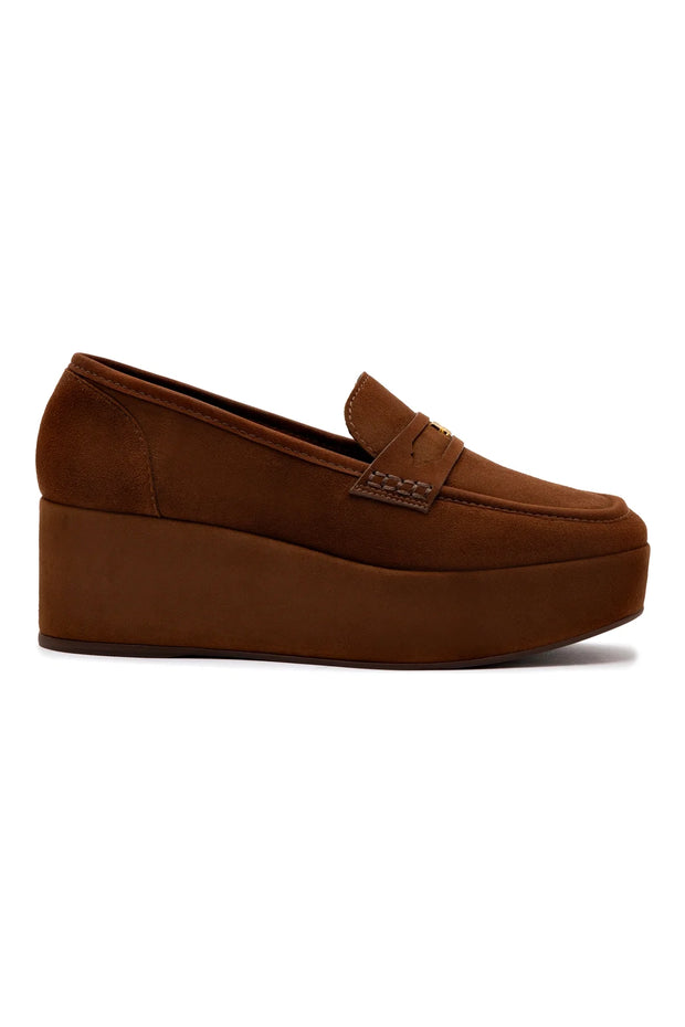 Larroude Suki Flatform Loafer In Burnt Umber Suede