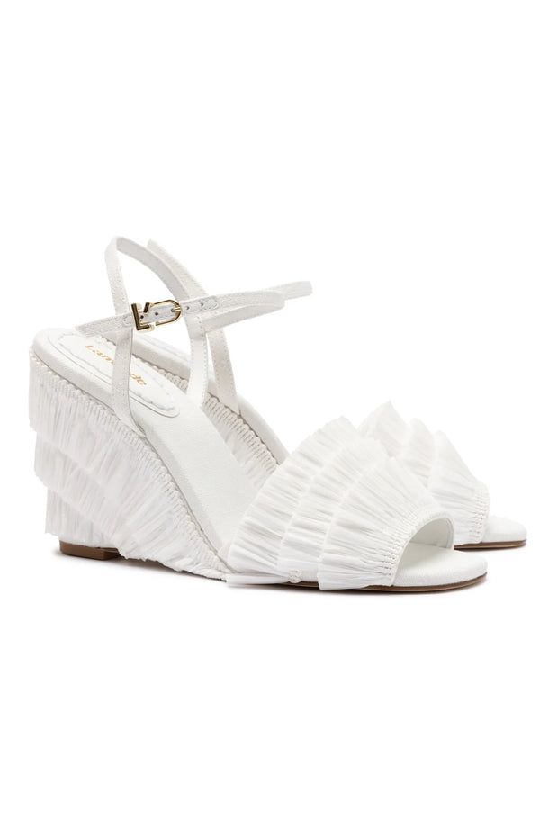 Larroude Yves Fringe Wedge In White Raffia