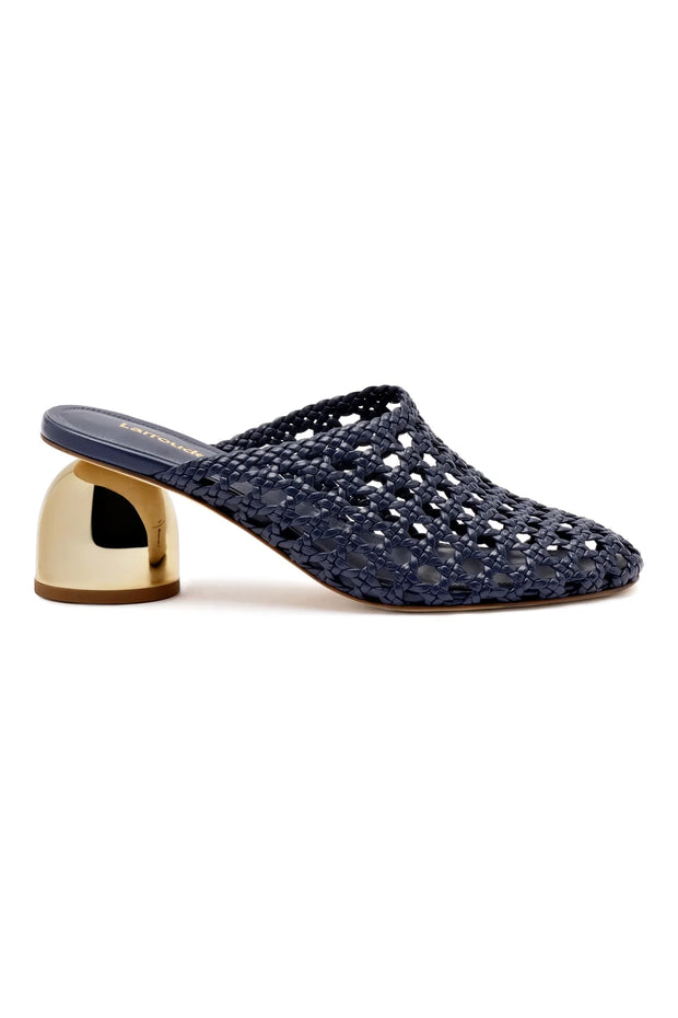 Larroude Dew Drop Macrame Mule In Navy Leather