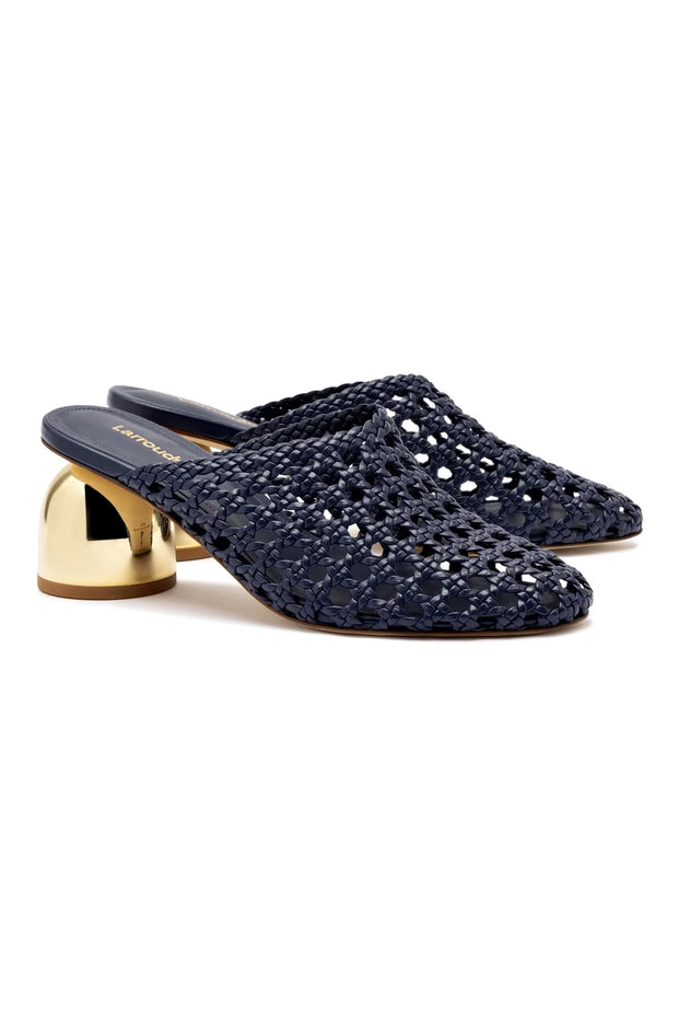 Larroude Dew Drop Macrame Mule In Navy Leather