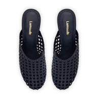 Larroude Dew Drop Macrame Mule In Navy Leather