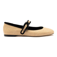 Larroude Verona Ballet Flat In Beige Raffia and Black Trimming