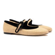 Larroude Verona Ballet Flat In Beige Raffia and Black Trimming