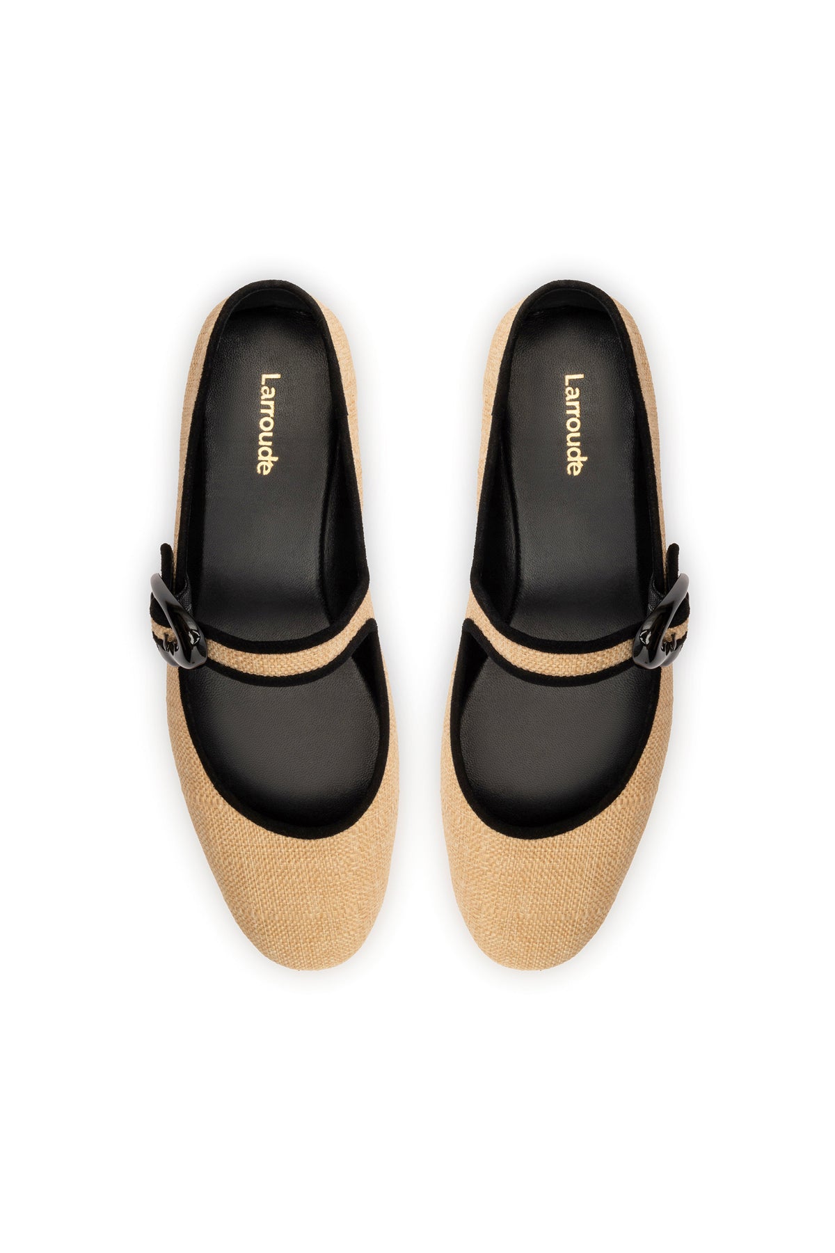 Larroude Verona Ballet Flat In Beige Raffia and Black Trimming