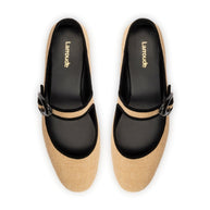 Larroude Verona Ballet Flat In Beige Raffia and Black Trimming