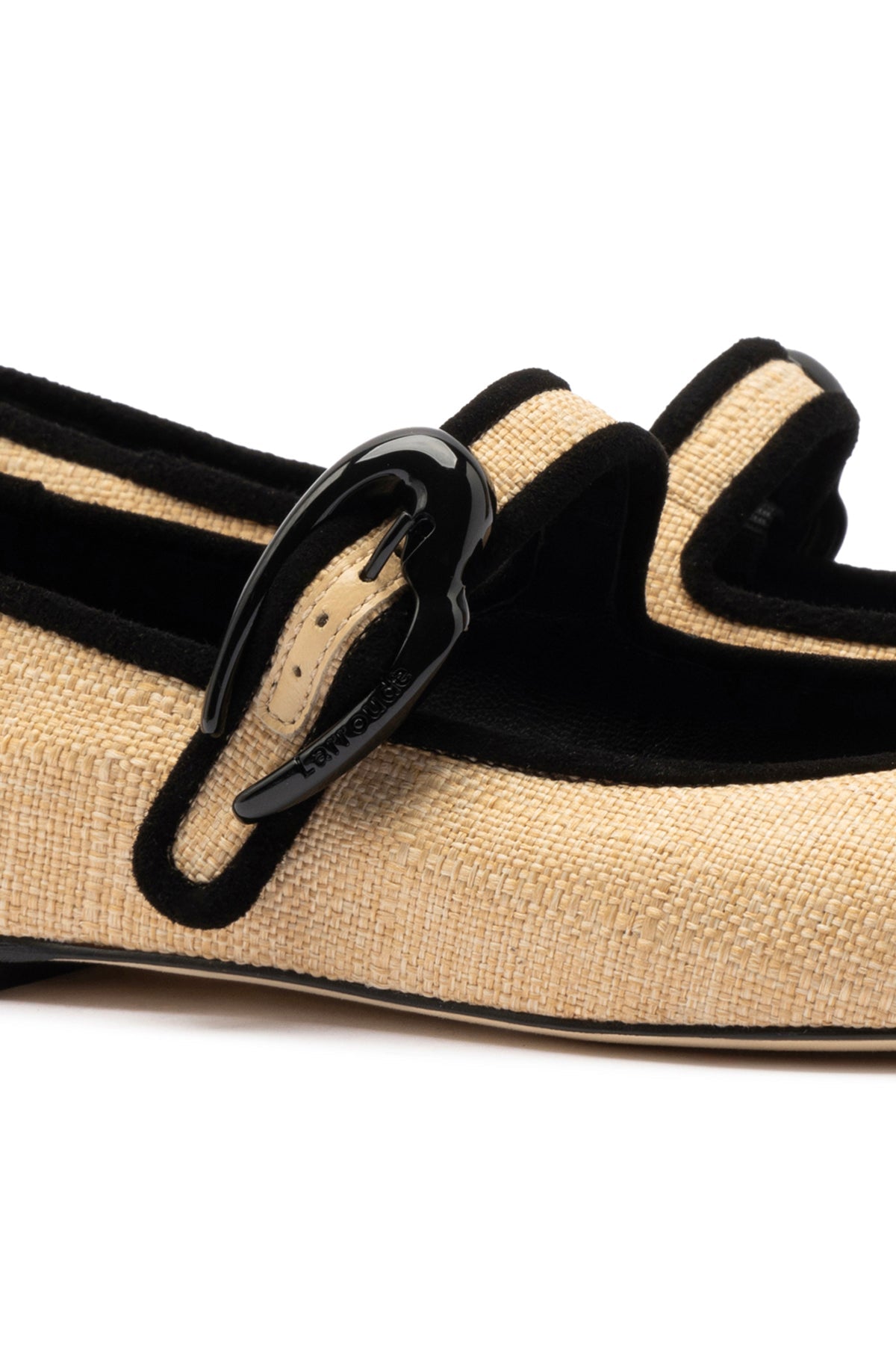 Larroude Verona Ballet Flat In Beige Raffia and Black Trimming