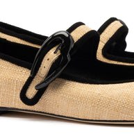 Larroude Verona Ballet Flat In Beige Raffia and Black Trimming