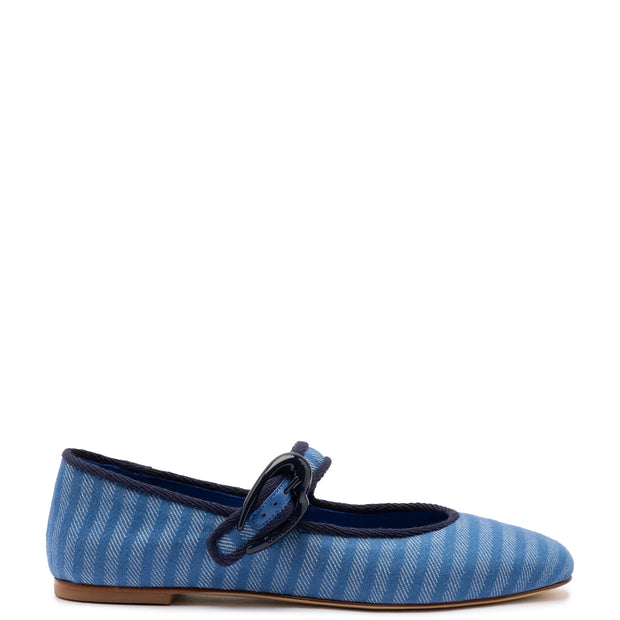 Larroude Verona Ballet Flat In Egyptian Blue Striped Fabric and Navy Trimming