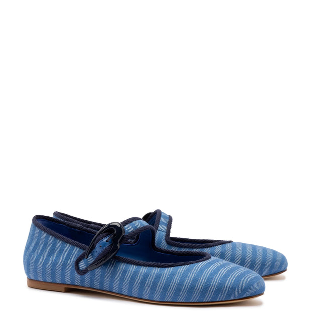 Larroude Verona Ballet Flat In Egyptian Blue Striped Fabric and Navy Trimming