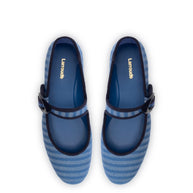 Larroude Verona Ballet Flat In Egyptian Blue Striped Fabric and Navy Trimming