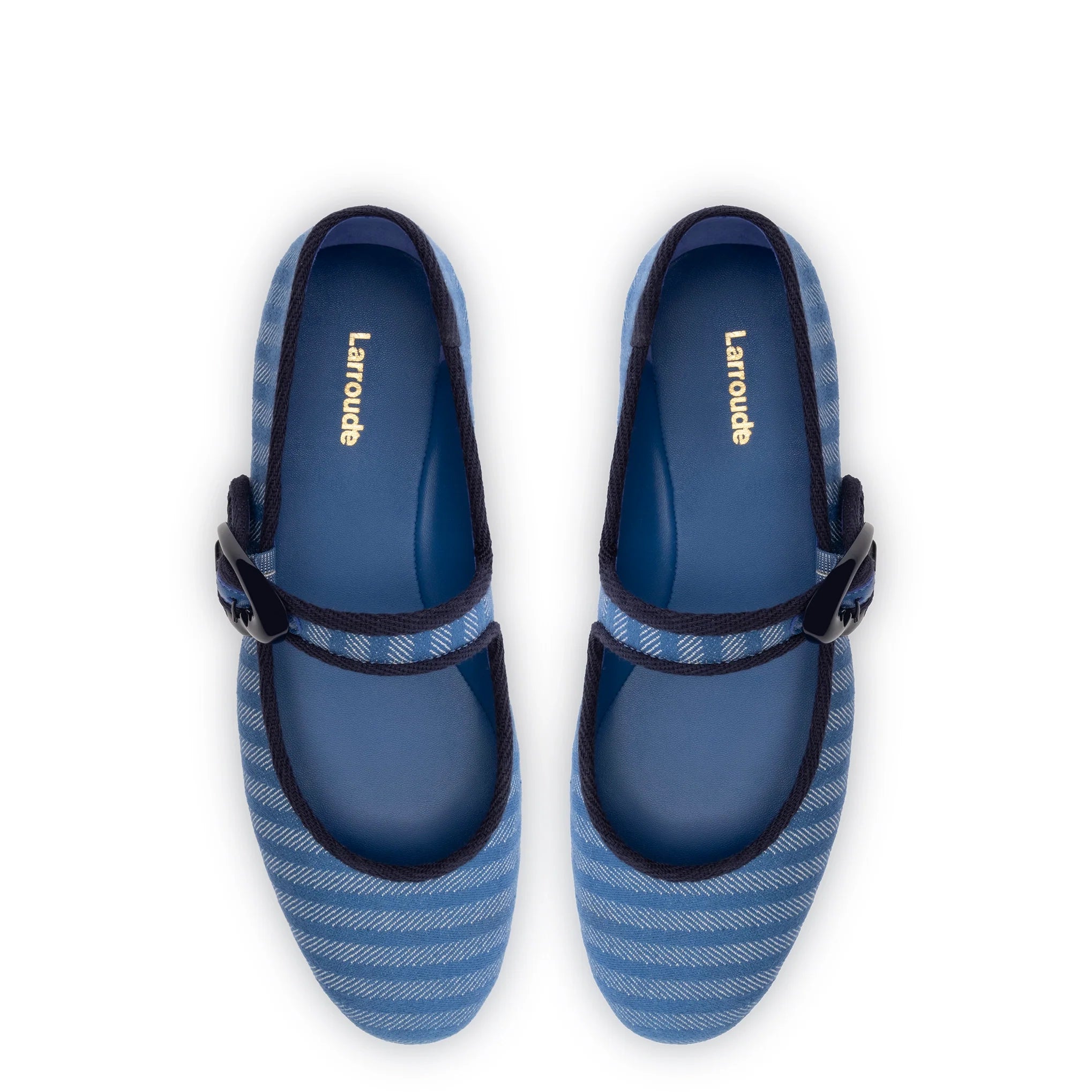 Larroude Verona Ballet Flat In Egyptian Blue Striped Fabric and Navy Trimming