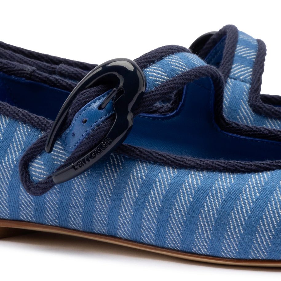 Larroude Verona Ballet Flat In Egyptian Blue Striped Fabric and Navy Trimming